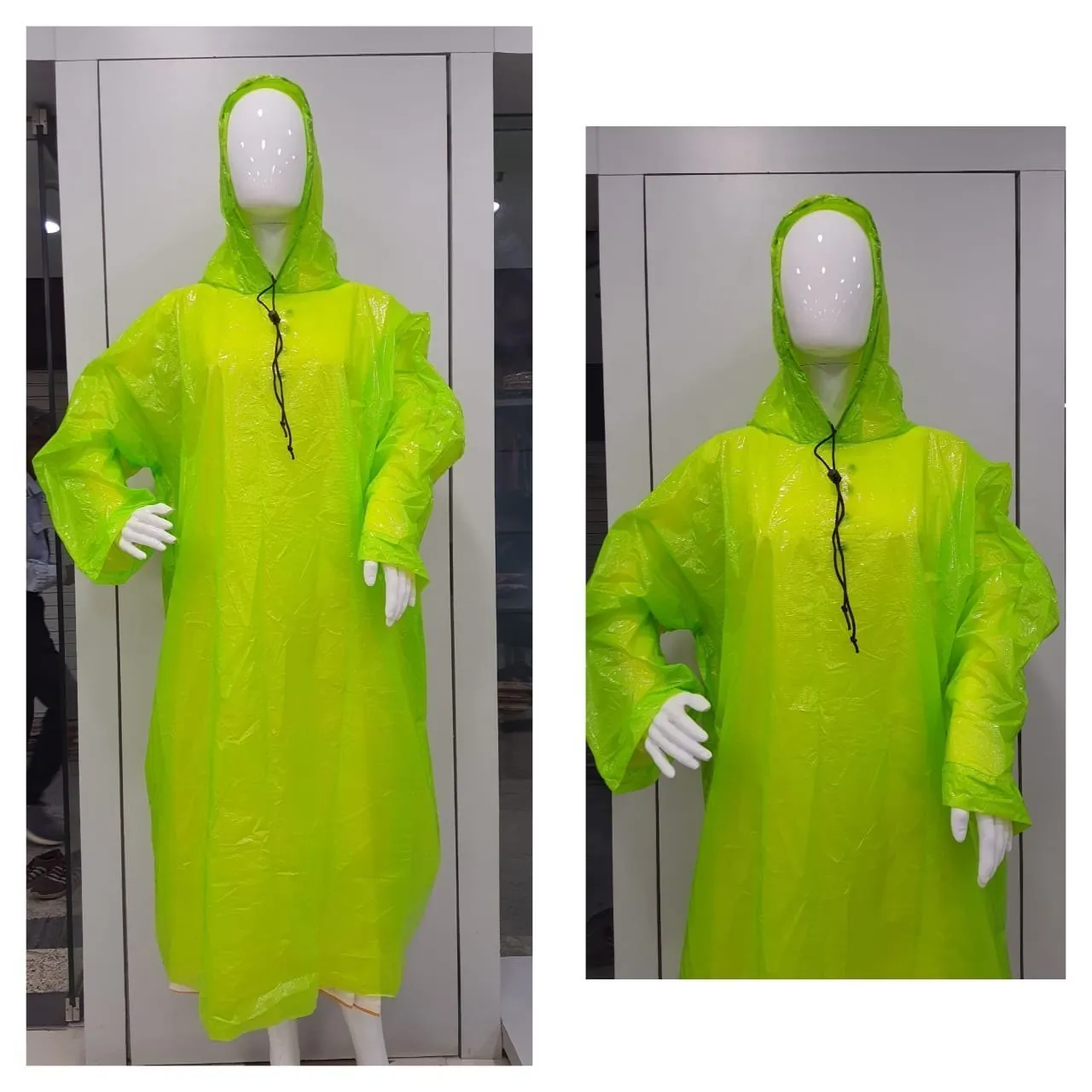 Green waterproof poncho raincoat with hood, front and side view