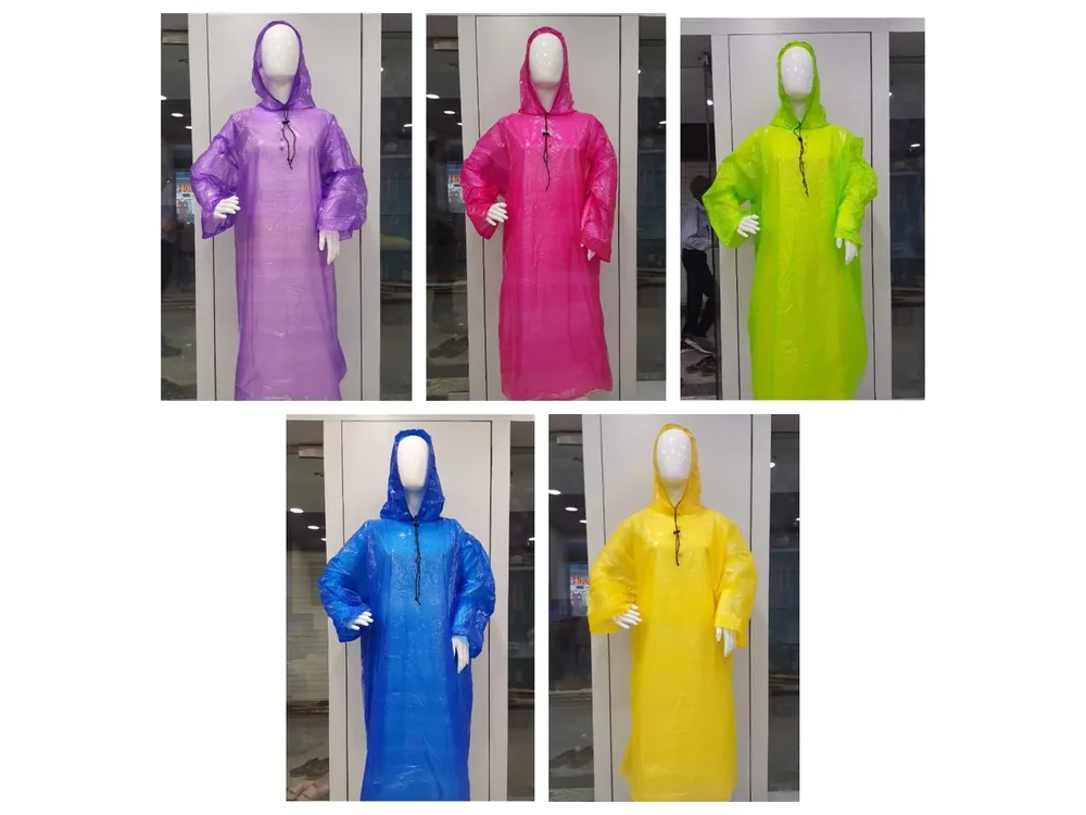 Hooded poncho raincoats in purple, pink, green, blue and yellow