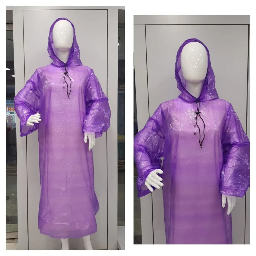 Purple waterproof poncho raincoat with hood, front and side view