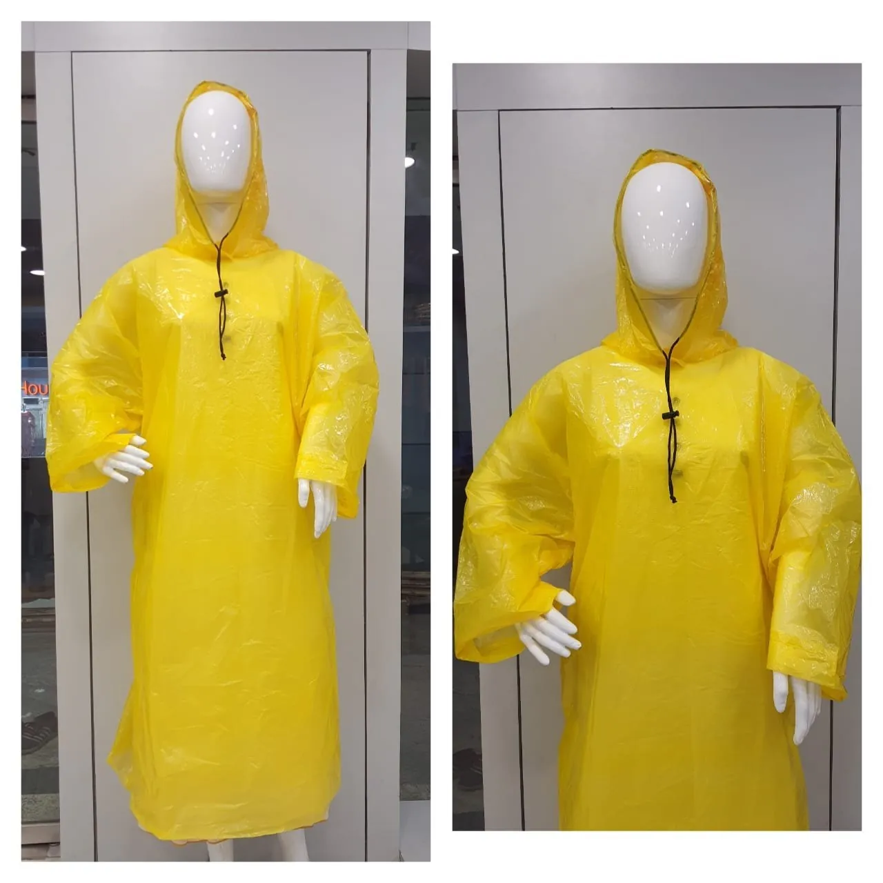 Yellow waterproof poncho raincoat with hood, front and side view
