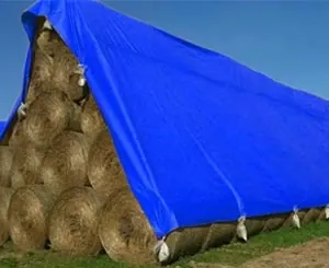 Blue tarpaulin covering a stack of hay bales